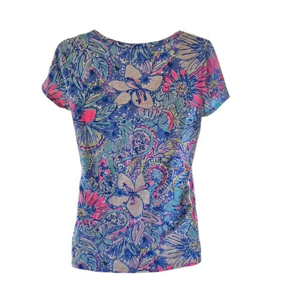 Lilly Pulitzer Womens Blue Pink Floral Paisley Cotton Short Sleeve T-Shirt SZ M - Picture 6 of 9